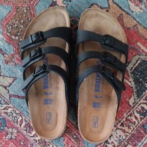 NWOT Birkenstock Black Leather Florida Sandals, Cork Footbed, Size 38. Narrow.